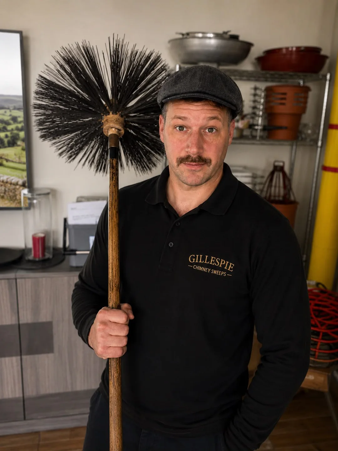 Daniel Gillespie of Gillespie Chimney Sweeps holding a traditional cane sweeping brush